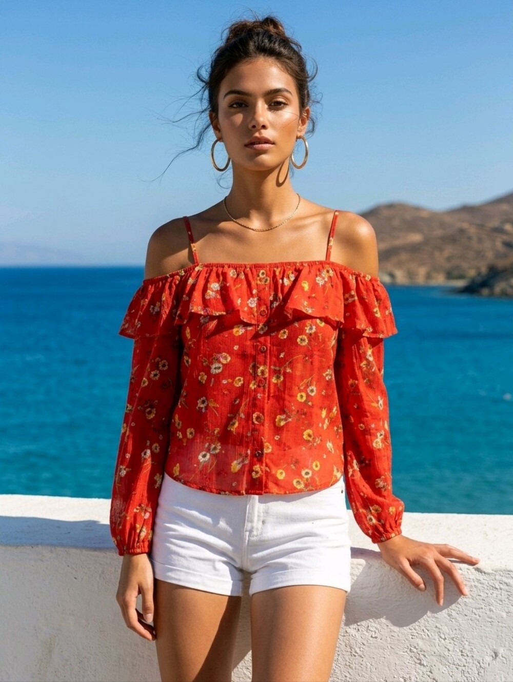 Maurices Red Floral Cold-Shoulder Ruffle Blouse Size Medium. Great Condition